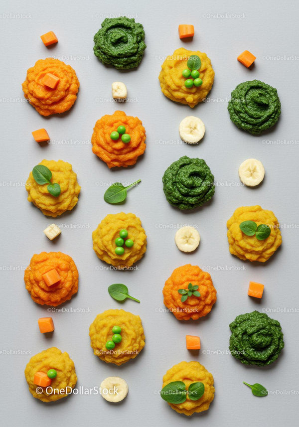 Colorful vegetable purees with fresh greens and banana slices