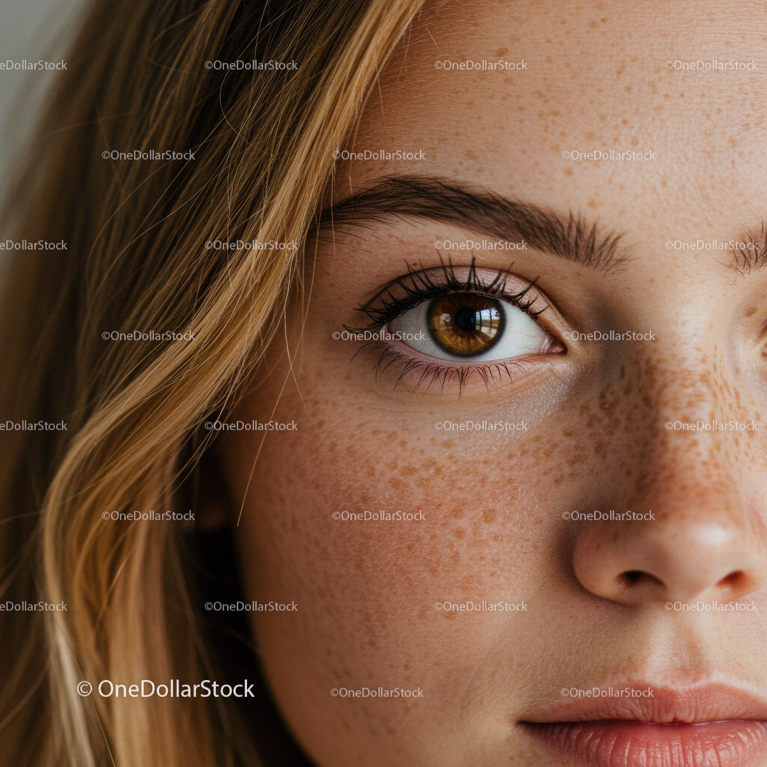 Close up of brown eyed young woman with freckles