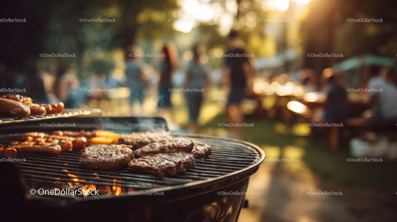 Outdoor Barbecue Grill with Sizzling Meat in Sunset Light