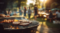 Outdoor Barbecue Grill with Sizzling Meat in Sunset Light
