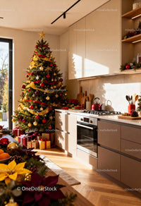 Cozy modern kitchen decorated for Christmas celebration