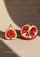 Fresh fig and pomegranate halves on beige background