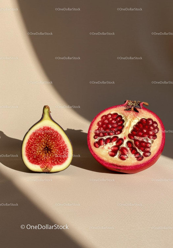 Świeże połówki fig i granatu na beżowym tle