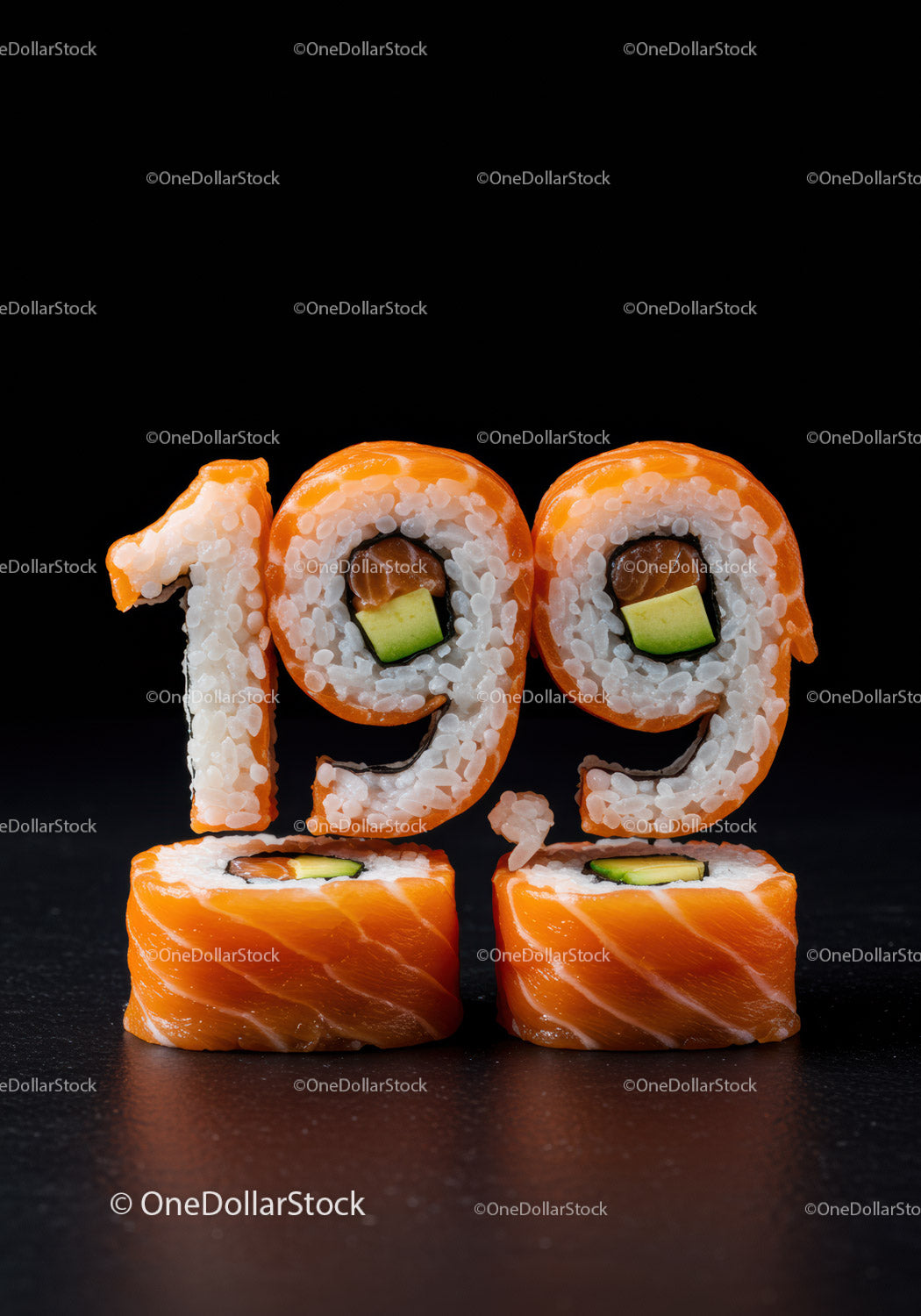 Creative sushi rolls shaped as number one nine nine