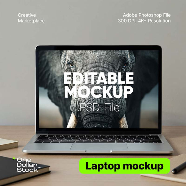 Otwarty laptop z edytowalnym mockupem i zdjęciem słonia