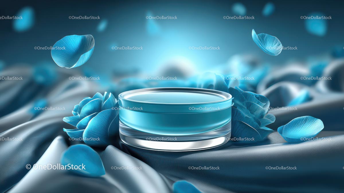 Luxury Blue Cosmetic Jar Surrounded by Elegant Floral Accents