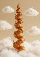 Miniature figures climbing spiraled croissant tower in clouds