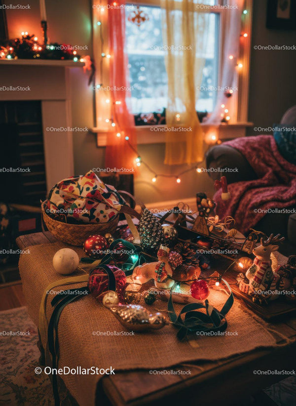 Cozy living room with Christmas decorations and warm lights