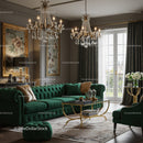 Elegant living room with green velvet sofa and chandeliers