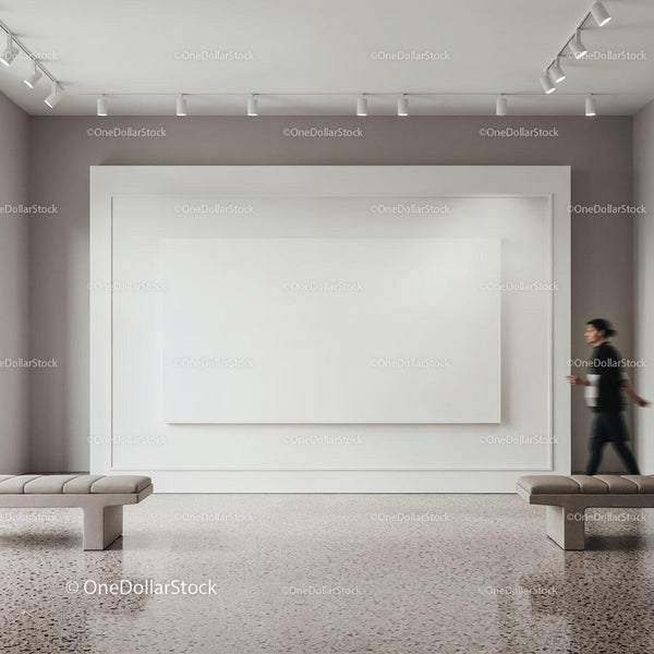 Minimalist Art Gallery Interior with Empty Canvas JPG Mockup Image