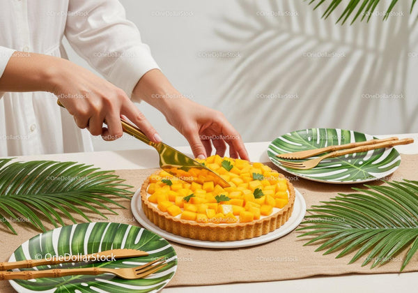 Mango Fruit Tart with Fresh Tropical Leaves for Summer Celebrations