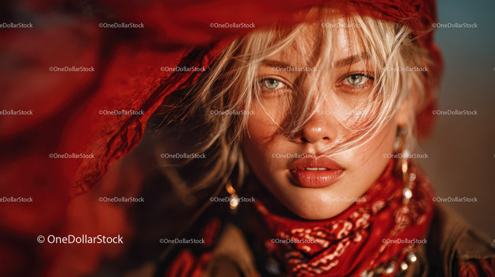 Close-up of Blonde Woman with Blue Eyes and Red Bandana in Sunset