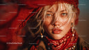 Close-up of Blonde Woman with Blue Eyes and Red Bandana in Sunset