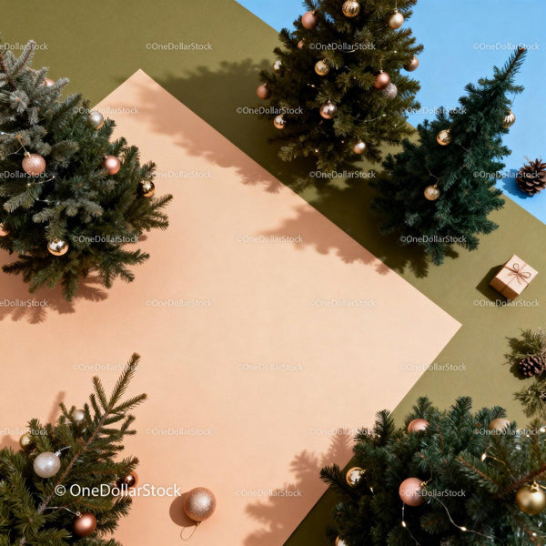 Christmas Trees with Ornaments Surrounding Blank Paper Space