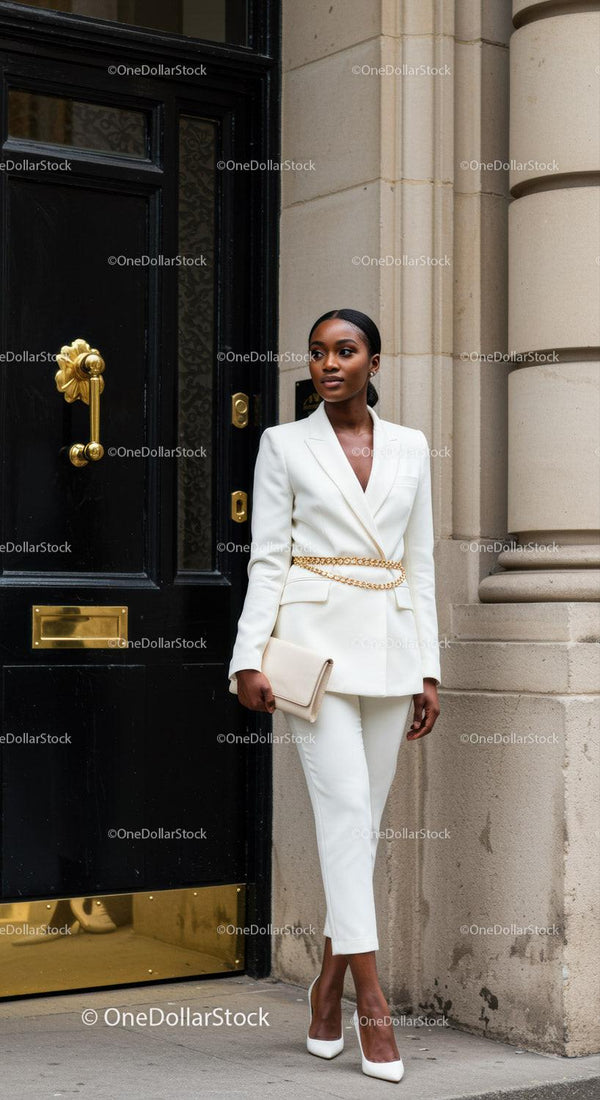 Elegant Black Woman Wearing Chic White Pantsuit on City Street