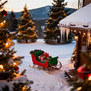 Christmas sleigh with gifts by a snowy cabin at dusk
