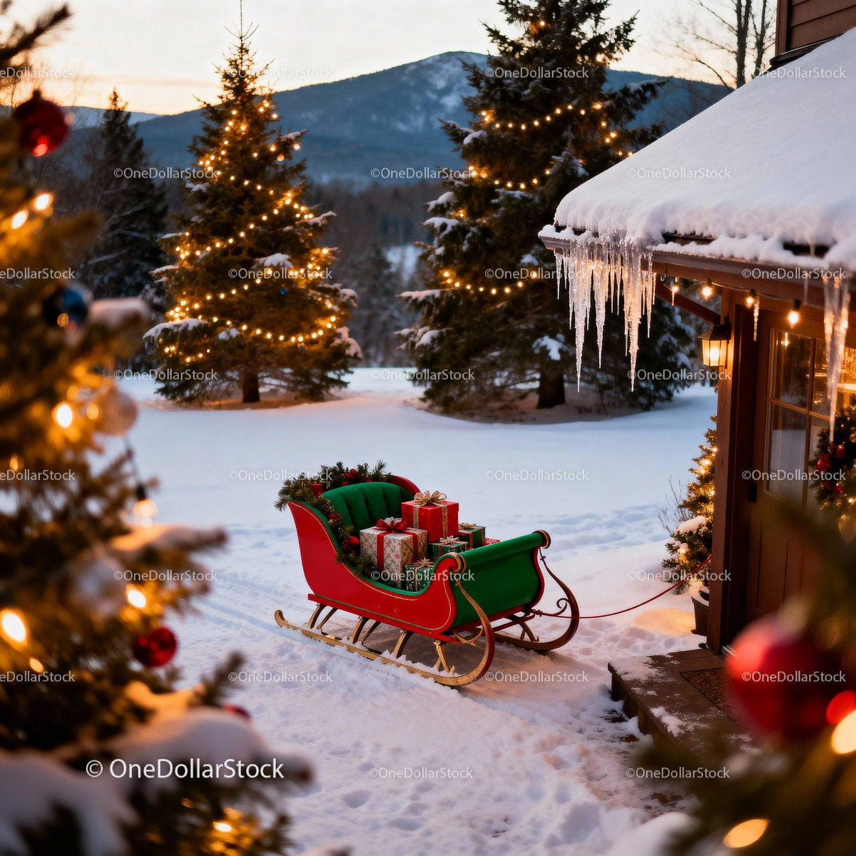 Christmas sleigh with gifts by a snowy cabin at dusk