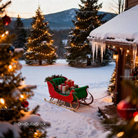 Christmas sleigh with gifts by a snowy cabin at dusk