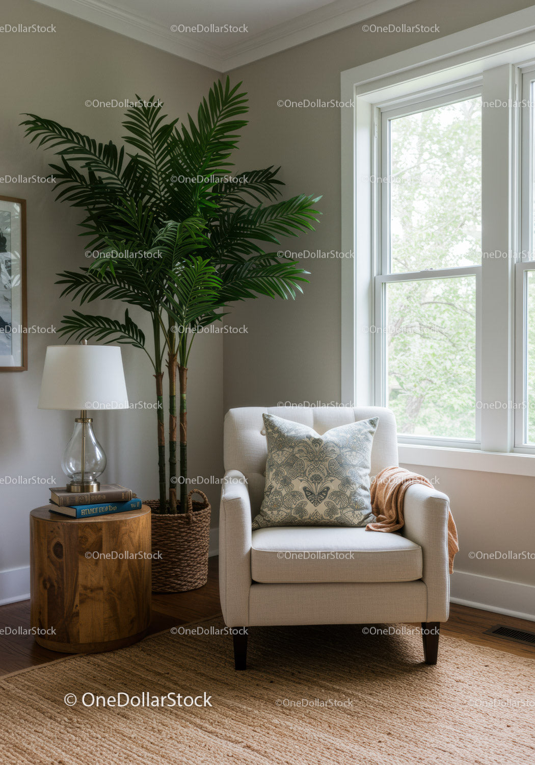 Bright Modern Living Room with Large Window and Indoor Greenery