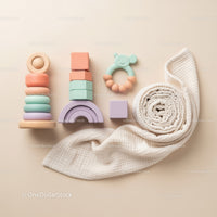 Neutral Toned Baby Toys and Soft Rolled Blanket