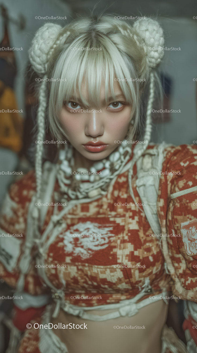 Young Woman with Braided Platinum Blonde Hair and Urban Style