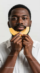 Stylish Man with Melon Slice in Mouth for Fresh Fruit Lifestyle Concept