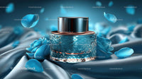 Luxury Blue Cosmetic Jar Surrounded by Elegant Floral Accents