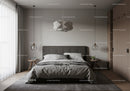 Modern Bedroom with Grey Upholstered Bed and Wooden Nightstands