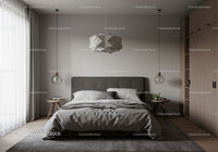Modern Bedroom with Grey Upholstered Bed and Wooden Nightstands