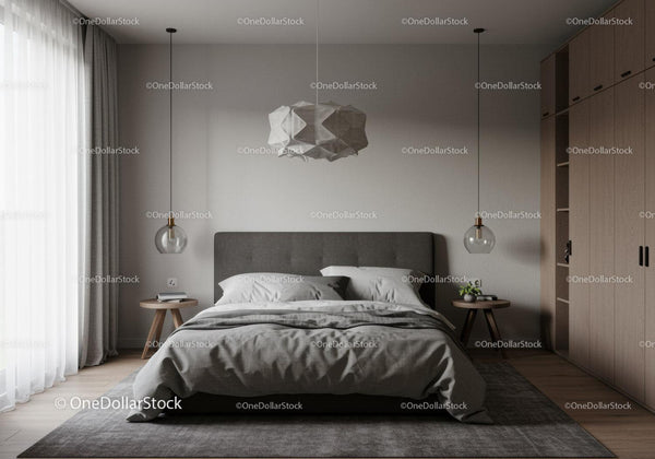 Modern Bedroom with Grey Upholstered Bed and Wooden Nightstands