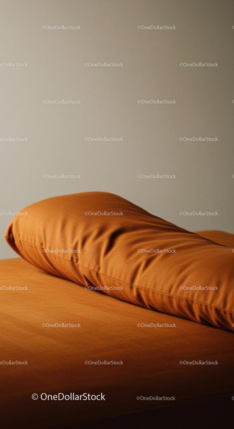 Orange Pillow on Bed with Soft Bedding in Cozy Bedroom Setting