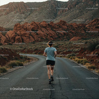 Woman Running Alone on Desert Road Surrounded by Rocks