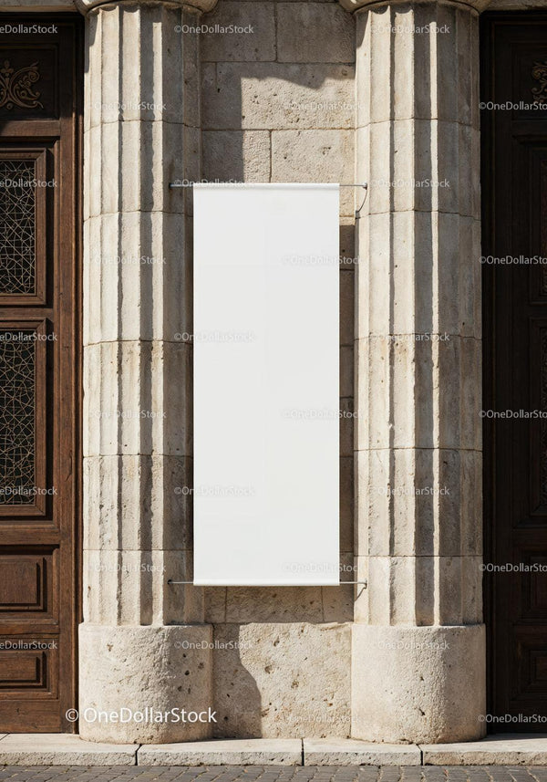 Blank vertical banner on historic stone facade JPG Mockup Image