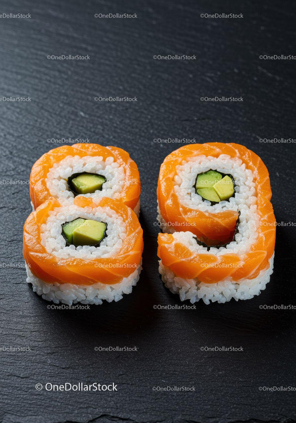 Salmon Avocado Sushi Rolls on Black Slate Plate