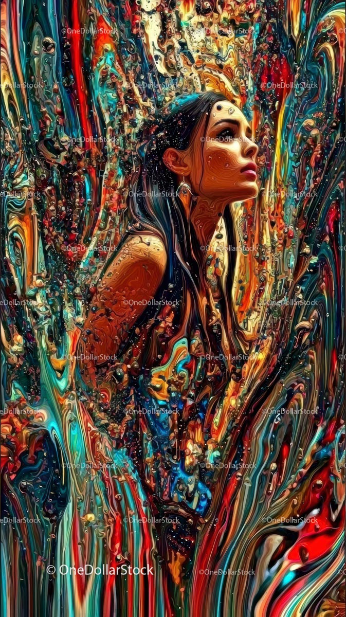 Kolorowy abstrakcyjny portret kobiety w otoczeniu natury