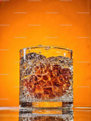Refreshing splash of beverage with ice cubes in glass