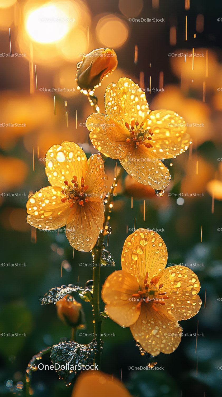 Vibrant Yellow Flower Blooming in Rain with Dew Drops