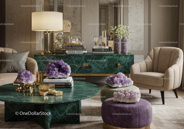 Elegant Living Room with Amethyst Crystals and Green Marble