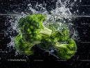 Fresh Green Broccoli Splash with Water in Studio Shot