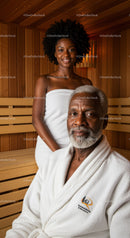 Relaxing Spa Session with Elderly Man and Young Woman in Sauna
