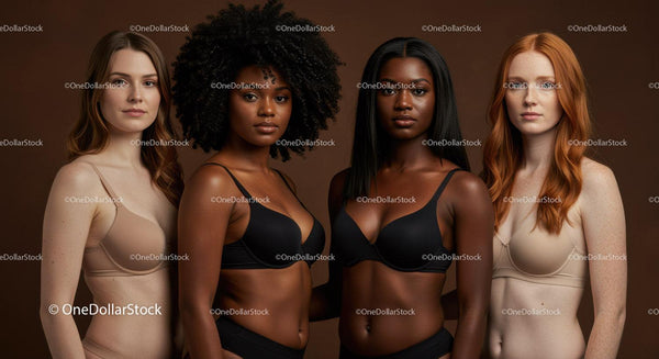 Diverse women confidently posing in natural lingerie tones