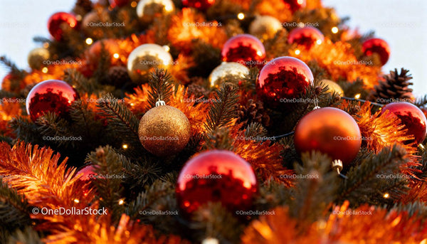 Festive Christmas tree with red and gold baubles
