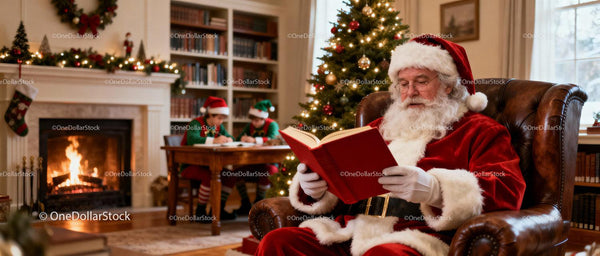 Santa Claus Reading a Book by Cozy Fireplace with Elves