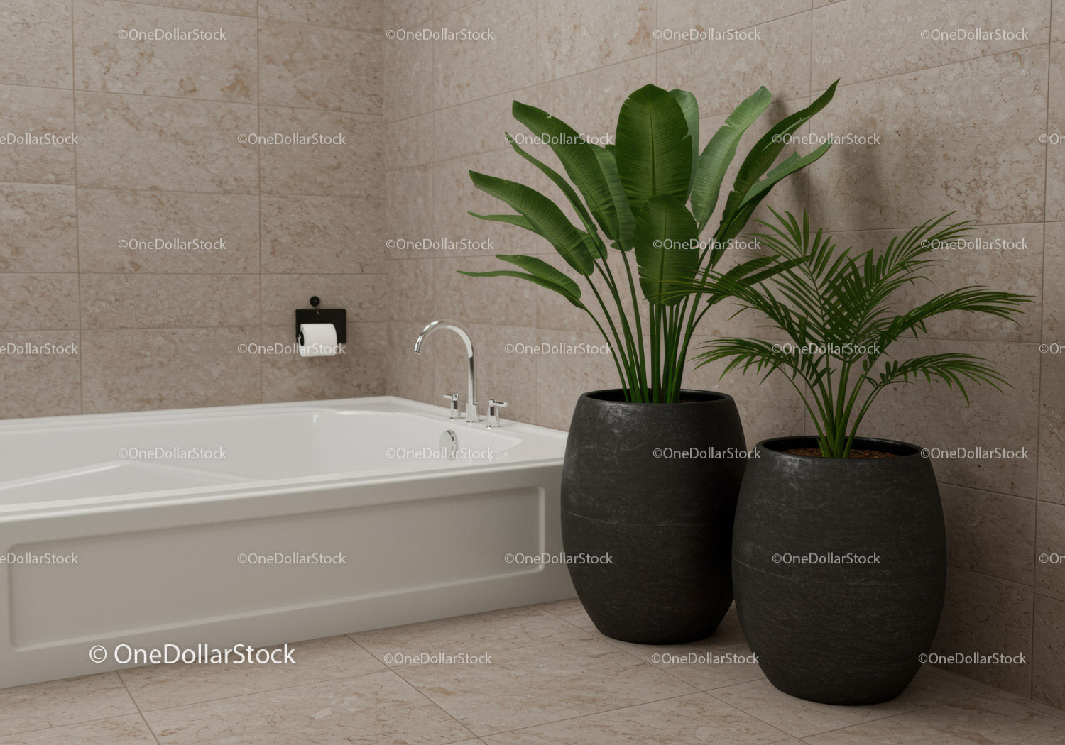 Modern Bathroom Scene with Large Green Plants and Beige Stone Tiles