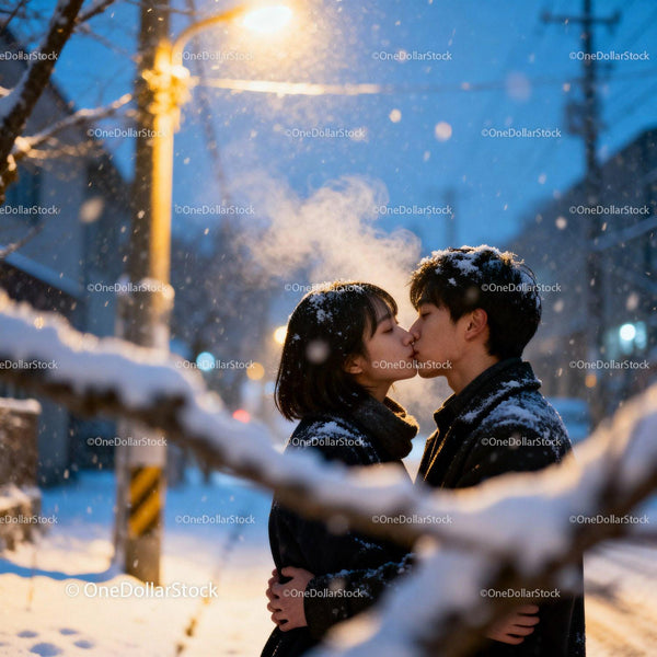 Couple sharing a tender kiss in snowy winter evening