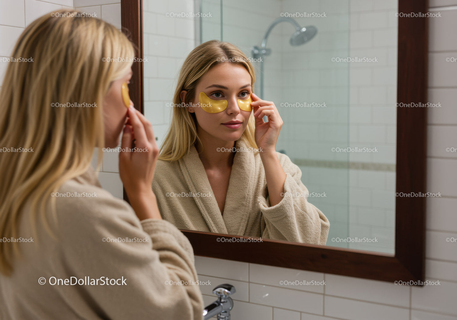 Young Woman Applying Under-Eye Patches in Bathroom Mirror