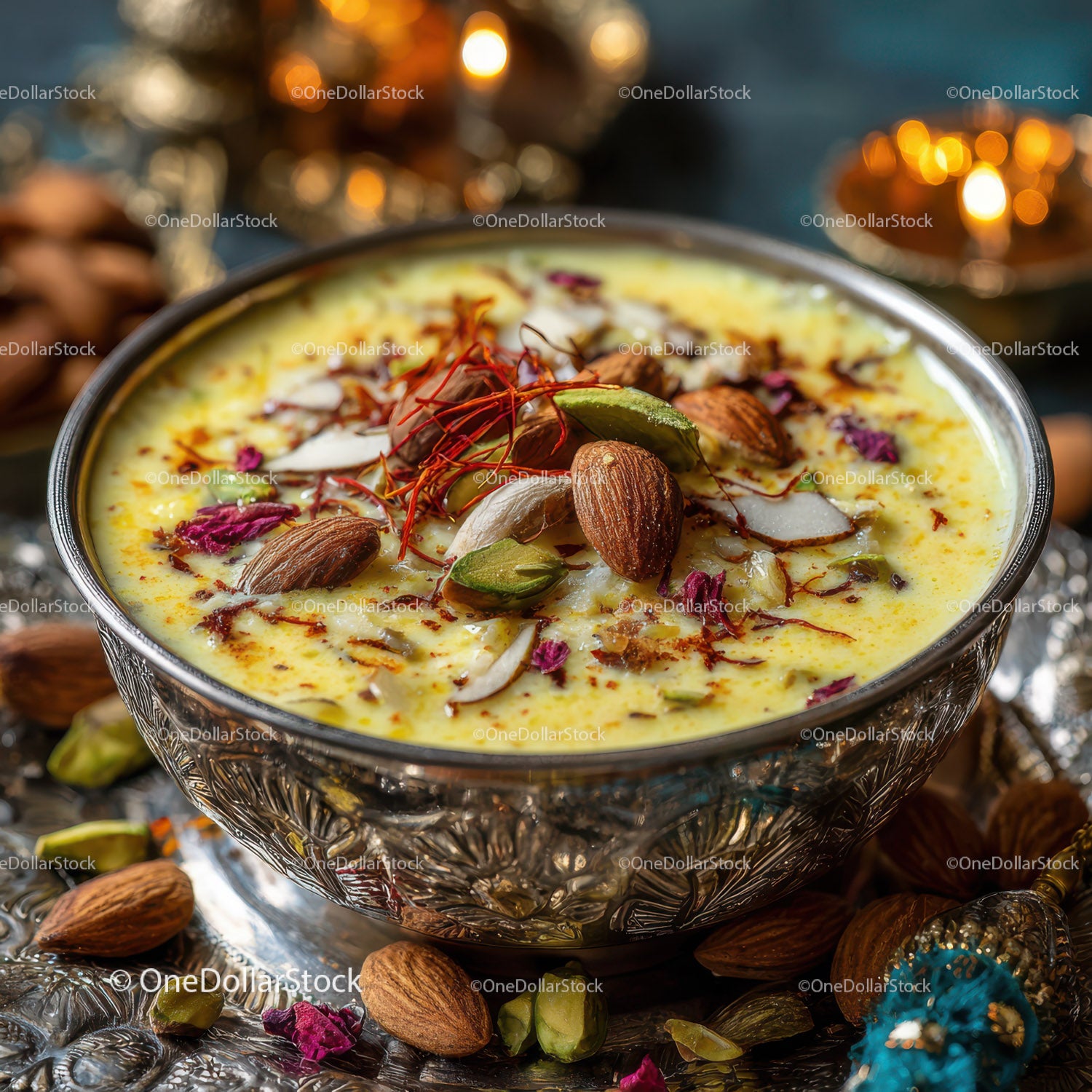 Traditional Saffron Flavored Indian Dessert with Nuts and Rose Petals
