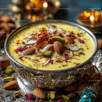Traditional Saffron Flavored Indian Dessert with Nuts and Rose Petals