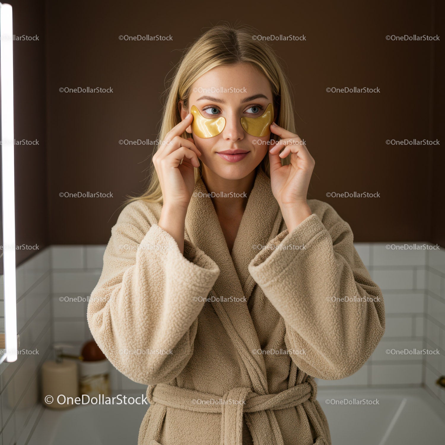 Relaxing Woman Applying Eye Masks in Cozy Spa Setting