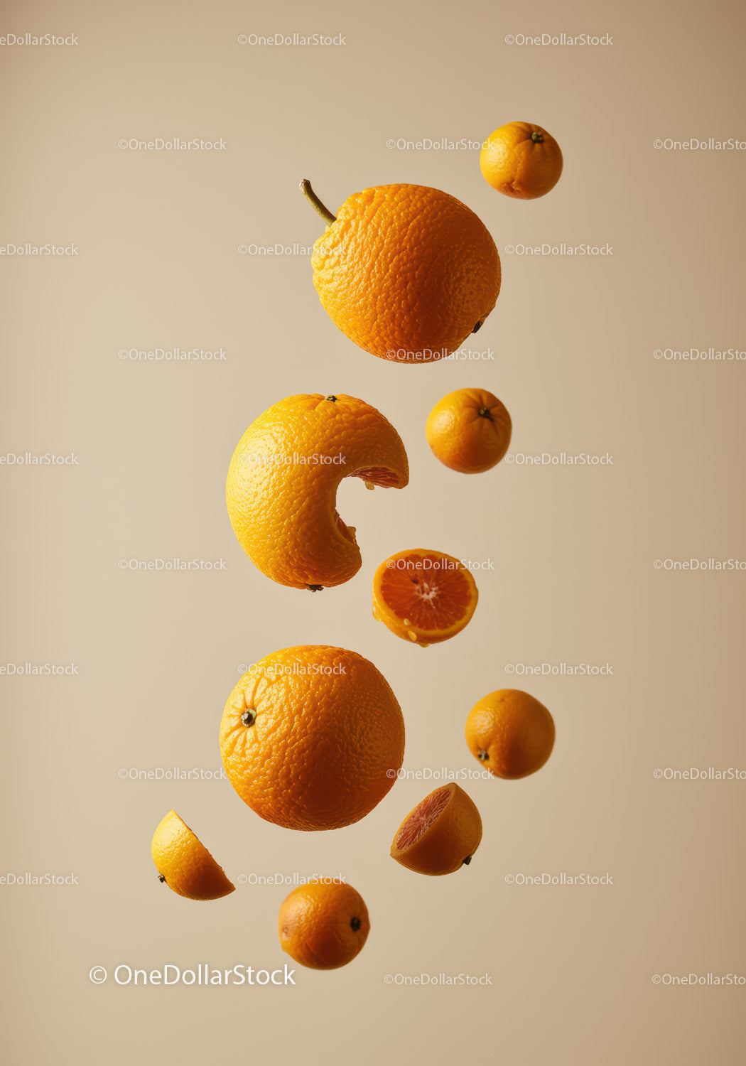 Floating ripe oranges and slices on soft beige background